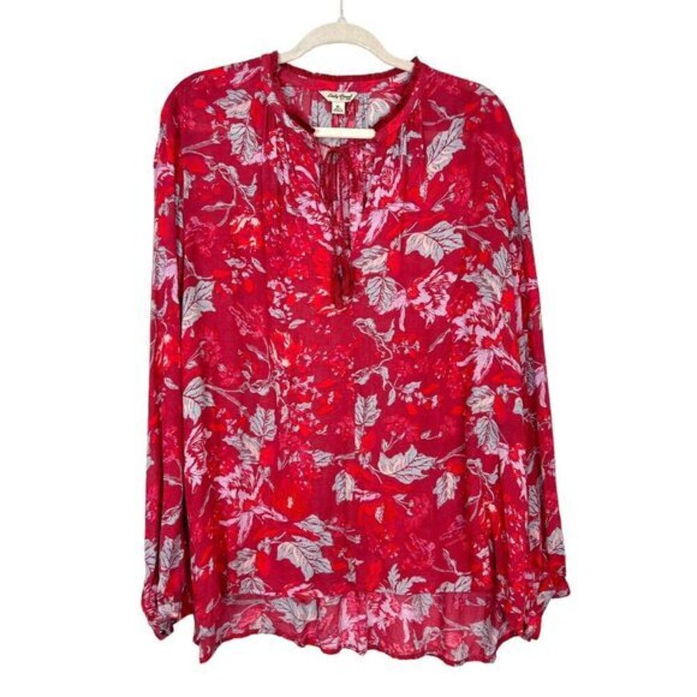 Lucky Brand Blouse Women's XL Red Split Neck Floral Long Sleeve Peasant Top Boho